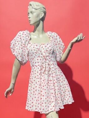 White Dress with Red Floral Print with lace up front and Puff Sleeves